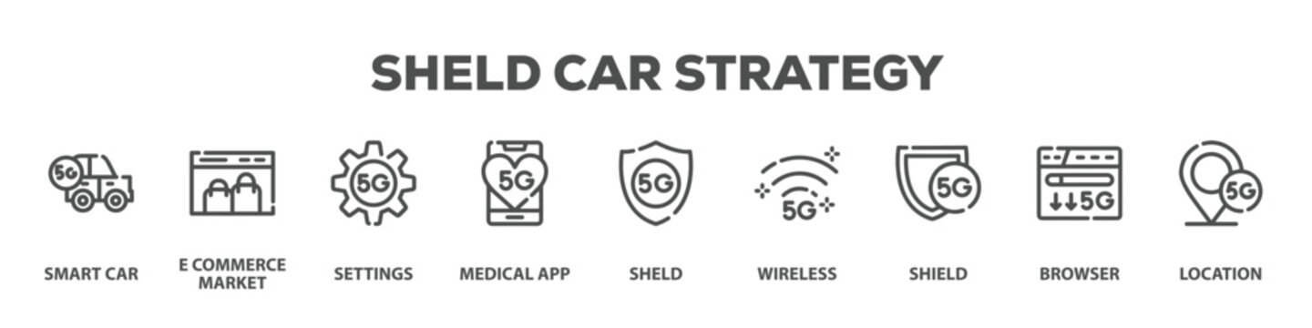 Sheld Car Strategy with icon of Smart car, E commerce market, Settings, Medical app, Sheld, Wireless, Shield, Browser, Location