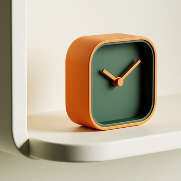 Modern orange and green square alarm clock sits on a clean white shelf. Minimalist home decor object tells time, wakes users up for the day. Simple desk accessory measures hours and minutes.