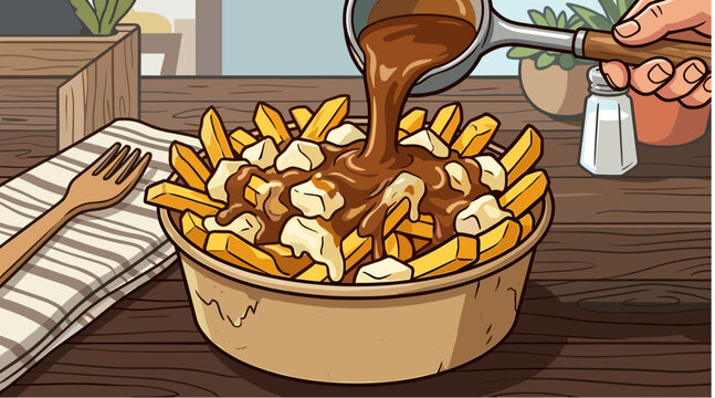 Poutine Dish with Gravy Pouring over French Fries and Cheese Curds