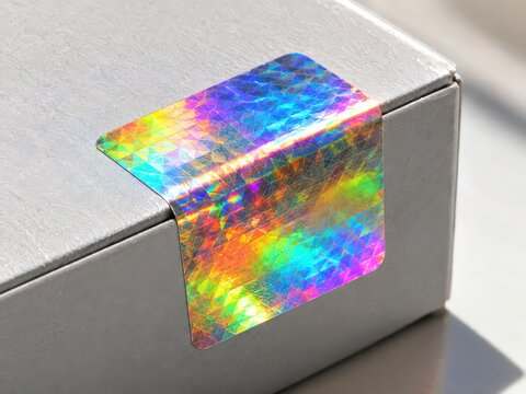Holographic security foil sticker reflecting rainbow colors on product box in bright natural light