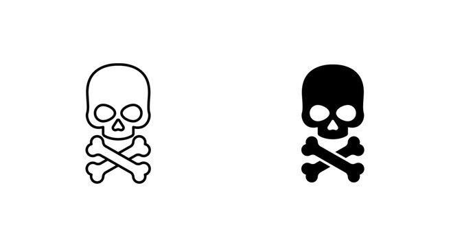 Skull crossbones icon set. Danger and warning symbols for poison, hazard, death, piracy and toxic substances.