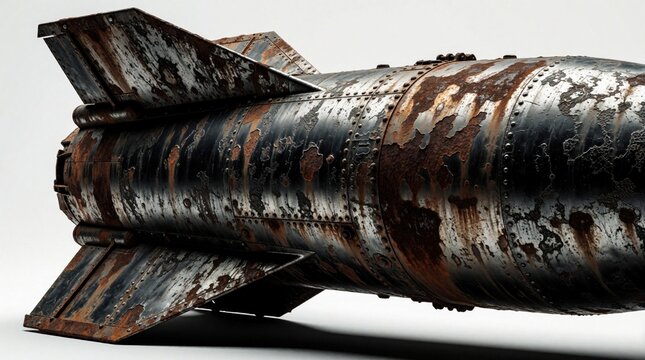 Old rusty bomb weapon lies on white background. Aged ordnance metal projectile, corrosive surface, detailed texture. Military concept, danger and destruction.