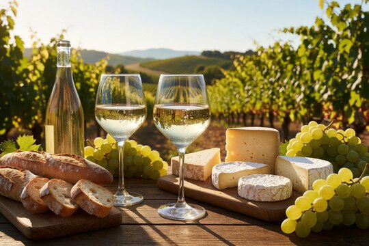 Two wine glasses with white wine sit on a table with bread and cheese. A vineyard stretches out in the background under a sunny sky, creating a perfect setting for an outdoor picnic.