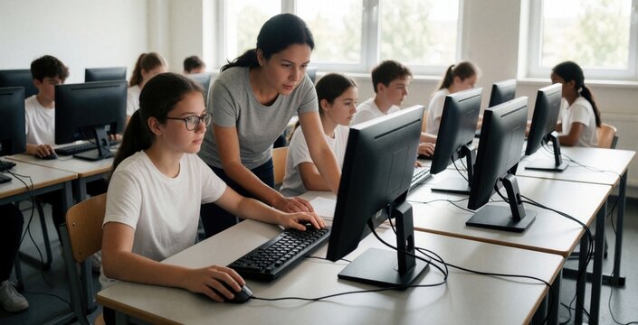 Teacher assists student using computer in modern classroom. Children learn at desks with PCs. Young girl types keyboard. Educating diverse pupils on tech.