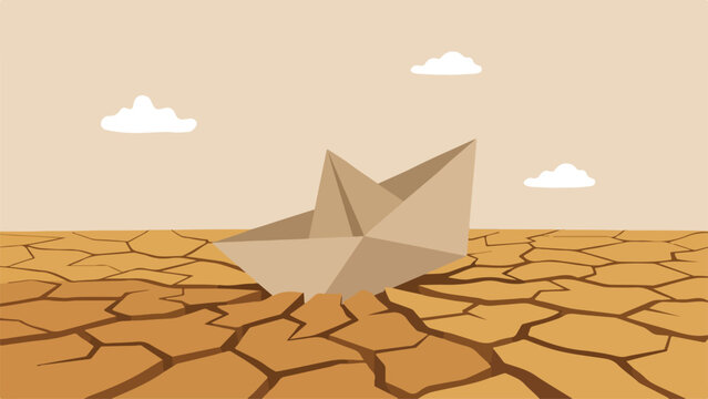 Valley of death startup phase, struggling to survive, zero revenue concept, flat solid paper boat sinking in a dry cracked desert, clean minimal flat vector illustration
