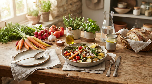 Healthy Mediterranean lunch with roasted vegetables and fresh ingredients on a rustic wooden table