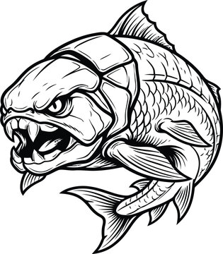 Fierce prehistoric fish with sharp teeth and armored head, depicted in a black and white illustration.