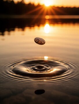 Stone suspended mid-air above rippling water surface. Golden sunset light reflects on lake creating peaceful scene. Motion blur adds dynamic feel.