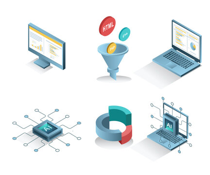 Artificial Intelligence and Software Development Icons Set with AI Processor Dashboard Programming Languages Data Analytics and Machine Learning