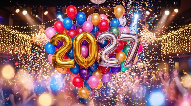 Colorful balloons with 2027 foil numbers for a New Year celebration party