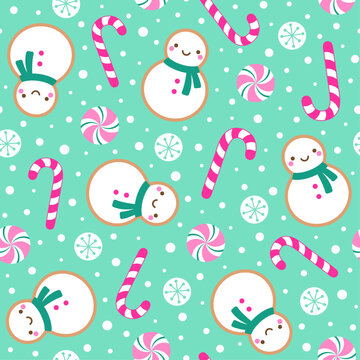 Cute snowman cookie, candy and snow seamless pattern design for Christmas holidays background.
