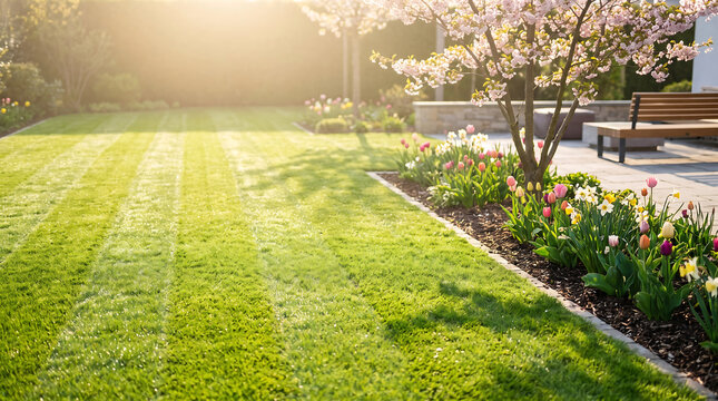Sunlit backyard garden with striped green lawn, blooming spring tulips, flowering tree, and wooden bench in a peaceful outdoor landscape.