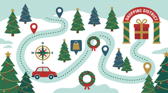 Flat design vector illustration of a Christmas shopping map with trees, gift arch, car, compass, and location pins.
