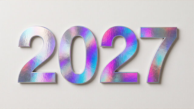 Holographic 2027 3D Typography with Iridescent Rainbow Chrome Effect
