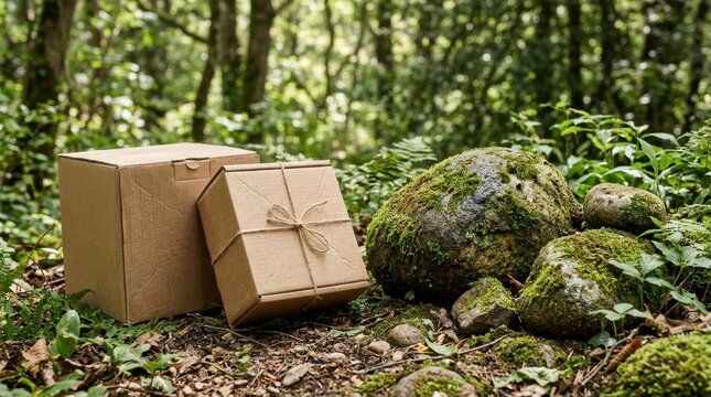 Two cardboard boxes sitting on the forest ground next to mossy rocks. Natural delivery concept.