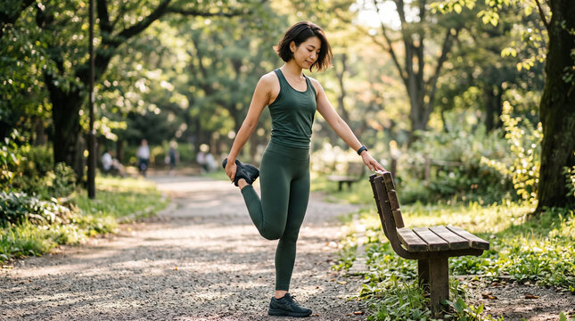公園のベンチにつかまって大腿四頭筋をストレッチする20代後半の日本人女性のポートレート