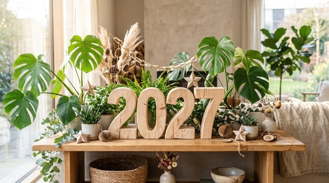 Wooden 2027 numbers on a rustic table with indoor plants and decorations