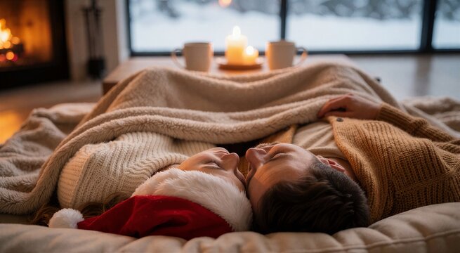 Cozy Christmas home interior scene featuring a couple nestled under a plush beige throw blanket, illuminated by warm candlelight and fireplace glow.