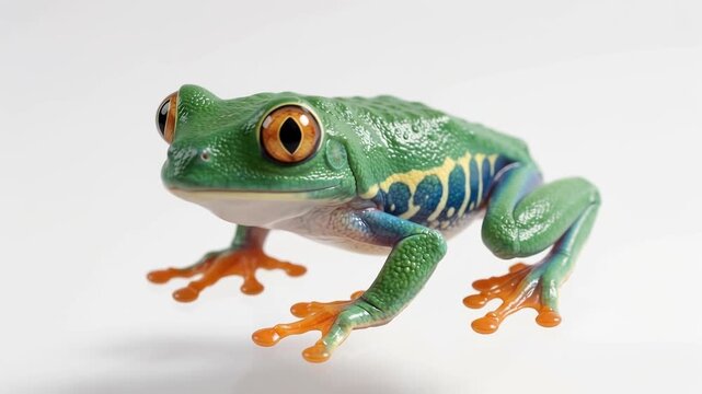 Detailed 3D Render of a Tropical Green Tree Frog with Orange Eyes on White Background