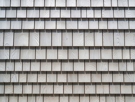 Close up view of cedar shake wall. Weathered wood shingles create rustic pattern on building exterior. Grey textured surface with natural timber grain provides organic backdrop. Shingle siding shows