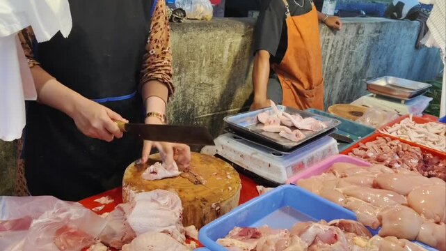 A butcher chopping fresh raw chicken meat with a knife on a wooden cutting board at a traditional local market stall.
