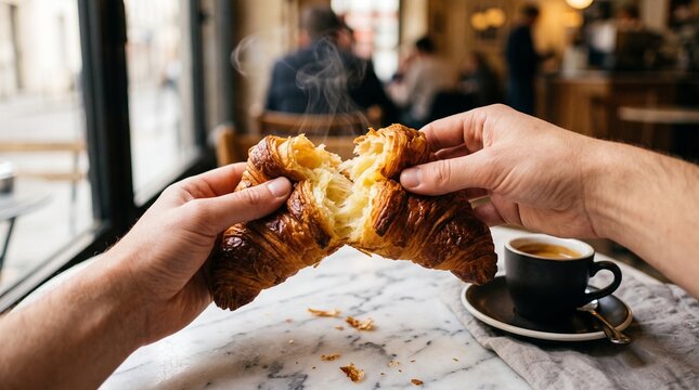 Hands Tearing Warm Fresh Flaky Croissant with Steam in Parisian Cafe for Bakery Breakfast Campaign