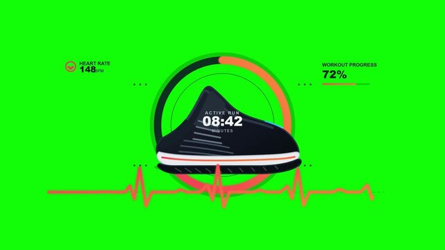 Animated fitness tracker display showing active running statistics with heart rate monitor pulse wave motion graphic on bright green background