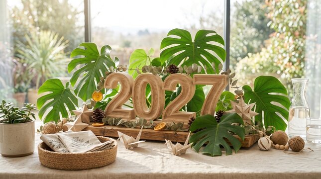 Eco-friendly 2027 New Year table centerpiece with monstera leaves