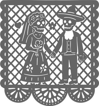 Gray papel picado cutout banner featuring skeletal bride and groom calavera couple for Day of the Dead celebration on white background.