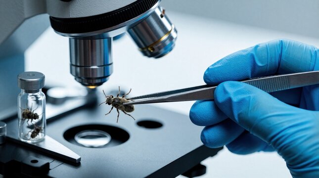 Scientist in blue gloves uses metal tweezers to place insect specimen under microscope. Close up of biologist performing forensic analysis in lab. Entomology expert examines small bug for scientific