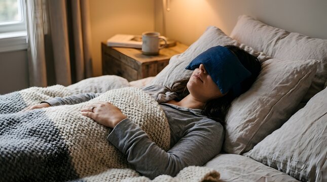 Woman sleeping comfortably in bed wearing blue eye mask and warm knitted blanket