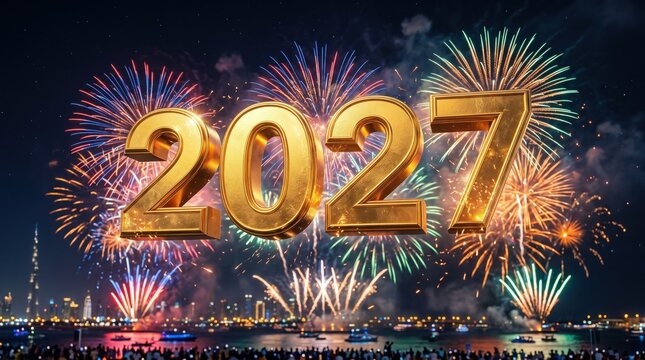 Golden 2027 numbers floating over a night sky with colorful fireworks