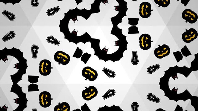 Looping background video of fantastical kaleidoscope patterns spreading with Halloween bats and pumpkins