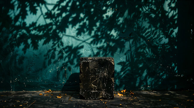Ancient stone altar in dark mystical forest with glowing fireflies and moody atmosphere
