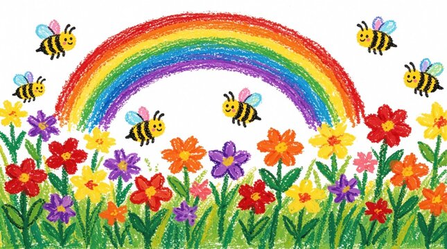Colorful kids crayon drawing of garden landscape. Happy bees fly near bright rainbow in blue sky. Vibrant flowers bloom in spring meadow. Hand drawn doodle with vivid colors shows nature, childhood