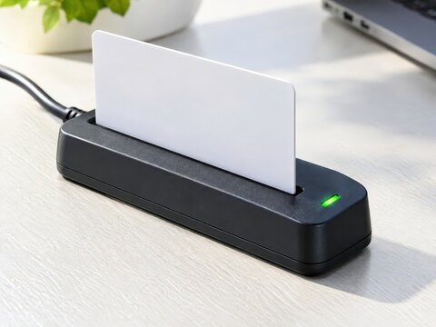 Blank smart card in a slim desktop card reader with glowing green light in bright daylight