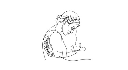 Obraz premium Elegant Line Art Woman with Laurel Wreath and Leaf Detail, Isolated