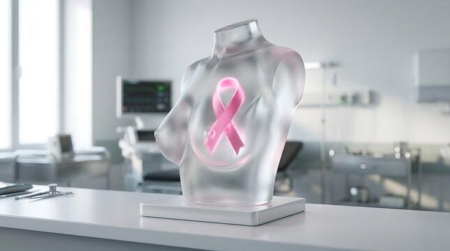 &ldquo;Transparent glass female torso model with a glowing pink awareness ribbon on the chest, modern medical lab background&rdquo;