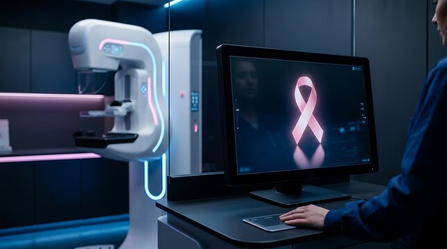 &ldquo;Doctor operating a modern mammography machine, computer screen displaying a glowing pink awareness ribbon, clean clinical setting&rdquo;