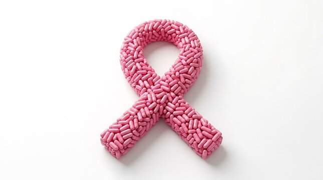 &ldquo;Pink breast-cancer awareness ribbon formed entirely from small pink pills on a clean white background&rdquo;