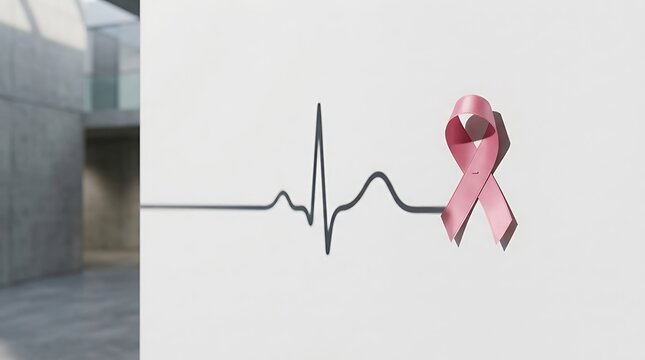 &ldquo;Pink awareness ribbon next to a black ECG heartbeat line on a clean white wall, modern building visible through a large window&rdquo;