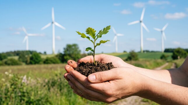 Hands holding a small green sapling with wind turbines in the background