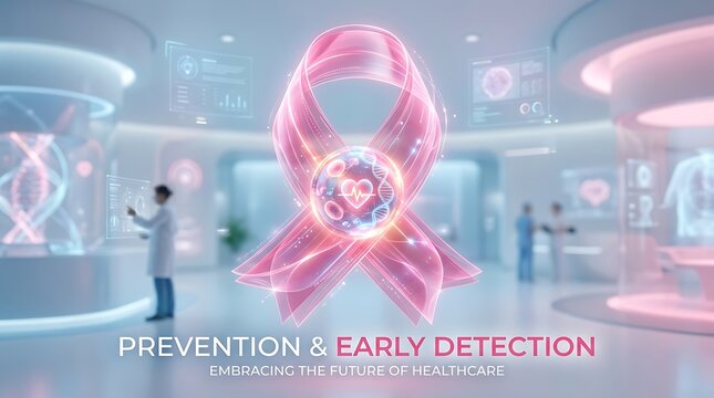 &ldquo;Futuristic medical lab with glowing pink breast-cancer awareness ribbon, scientists working around holographic displays, text &lsquo;Prevention & Early Detection&rsquo;&rdquo;