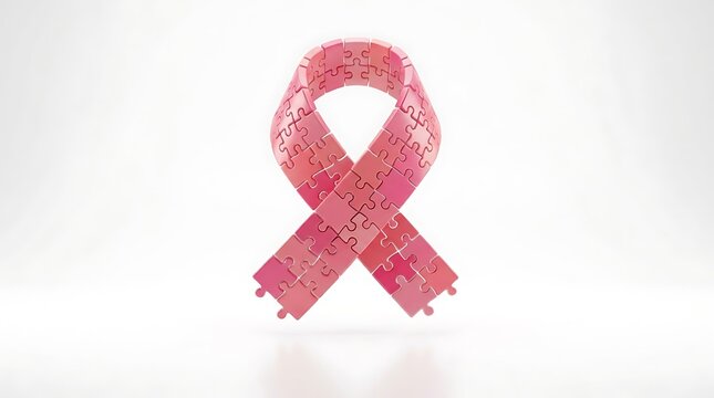 &ldquo;Pink breast-cancer awareness ribbon made of small mosaic pixels standing alone on a clean white background&rdquo;