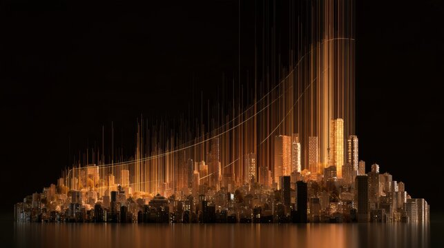 The artwork shows a wide panoramic view of property assets, presenting cash flows and rising values against a dark background.