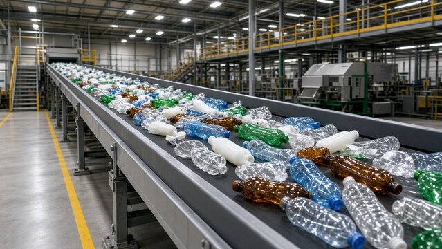 Recycling sorting facility conveyor with colorful plastics