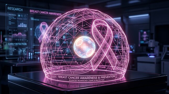 &ldquo;Futuristic holographic sphere with a glowing pink awareness ribbon and a planet inside, digital research interface on a dark background&rdquo;