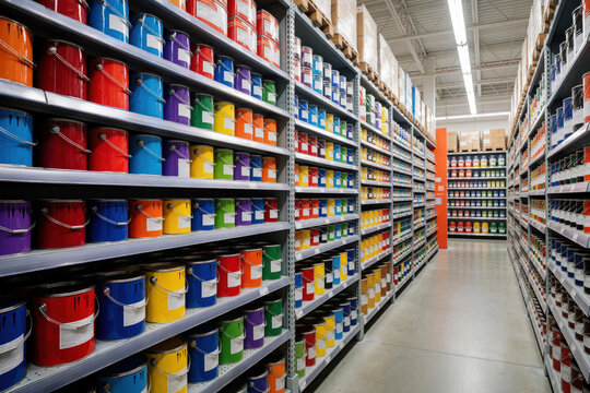 Hardware store aisle with shelves full of paint cans. Variety of colors and sizes available for home improvement projects. Customers browse for renovation supplies.