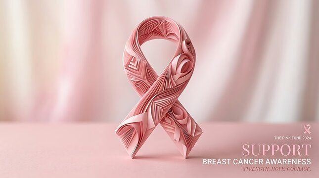&ldquo;Elegant pink breast-cancer awareness ribbon with swirling texture on a soft pastel pink background, text &lsquo;Support Breast Cancer Awareness&rsquo;&rdquo;