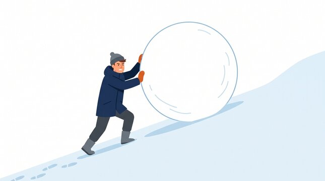 Businessman pushing a large snowball uphill in winter clothing